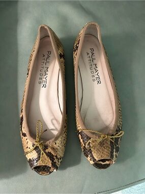 Paul Mayer peek toe Women's Snake-Print Tan Ballet Flats